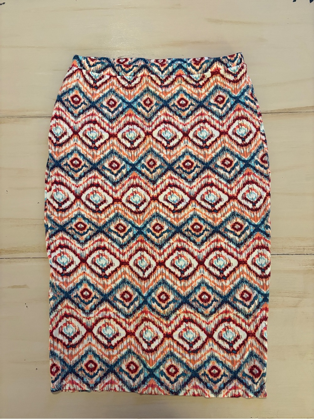 Matty M Multicolor Geo-Pattern Pencil Skirt - Red, Blue, Orange